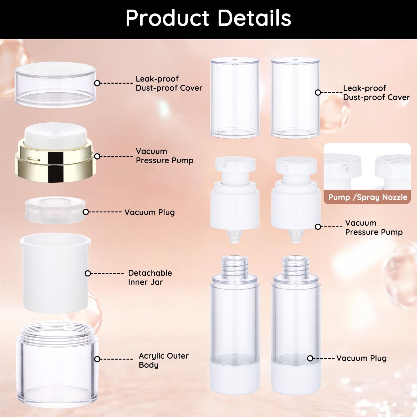 Segbeauty 7pcs Vacuum Lotion Dispenser Sprayer Set, Airless Pump Bottles Travel Size, Empty Golden Airless Pump Jar for Creams, Refillable Vacuum Fine Mist Spray Bottle Atomizer 0.5oz 1oz 1.7oz