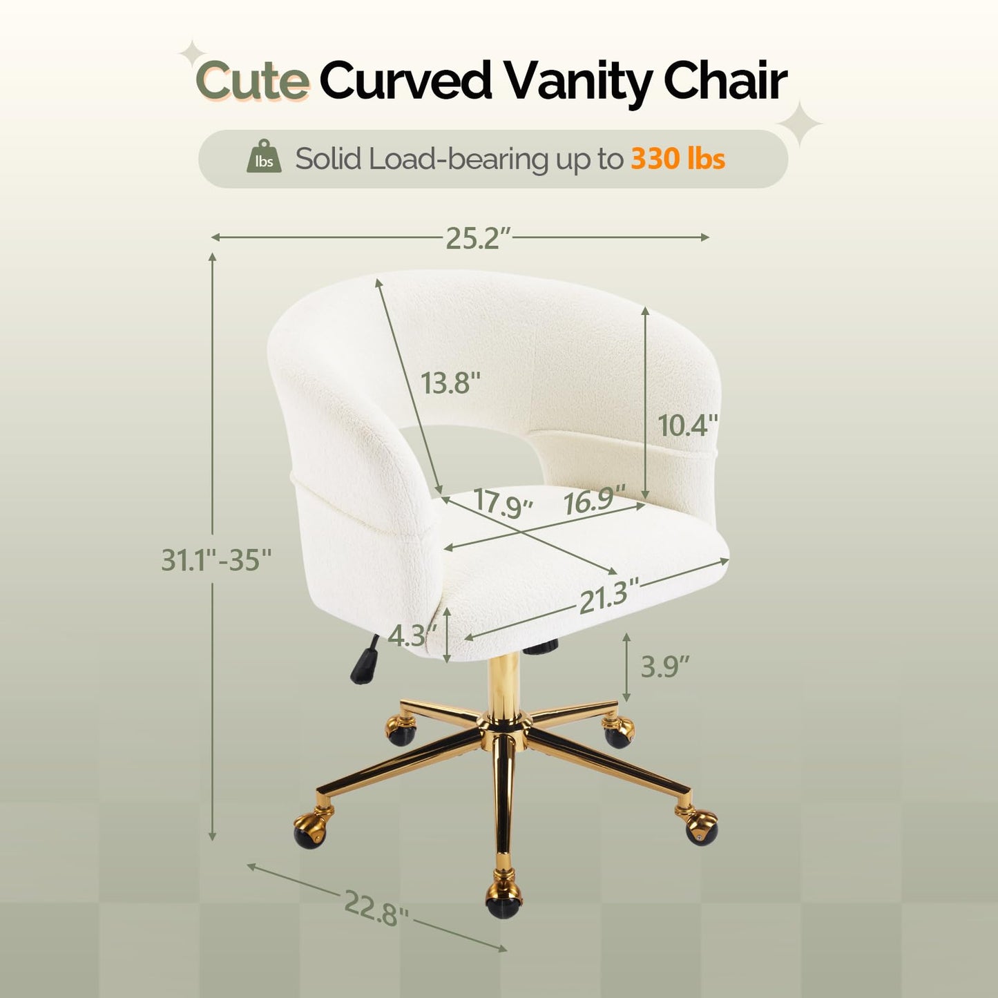 VINGLI Modern Curved Office & Vanity Desk Chair, Cute Upholstered Nail Chair with Wheels & 360° Swivel & Club & Tilting & Gold Base, for Bedroom, Living Room, Makeup, Velvet Chenille, White