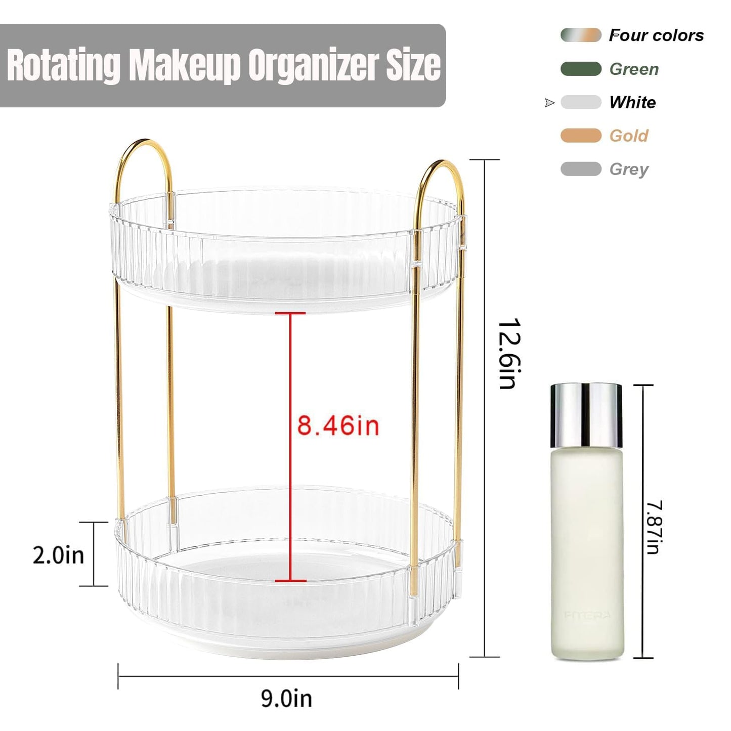 Weidace 360 Rotating Makeup Organizer for Vanity, Bathroom Countertop Spinning Perfume Organizer, High-Capacity Cosmetic and Skincare Dresser Make Up Holder Rack (2 Tiers, White)