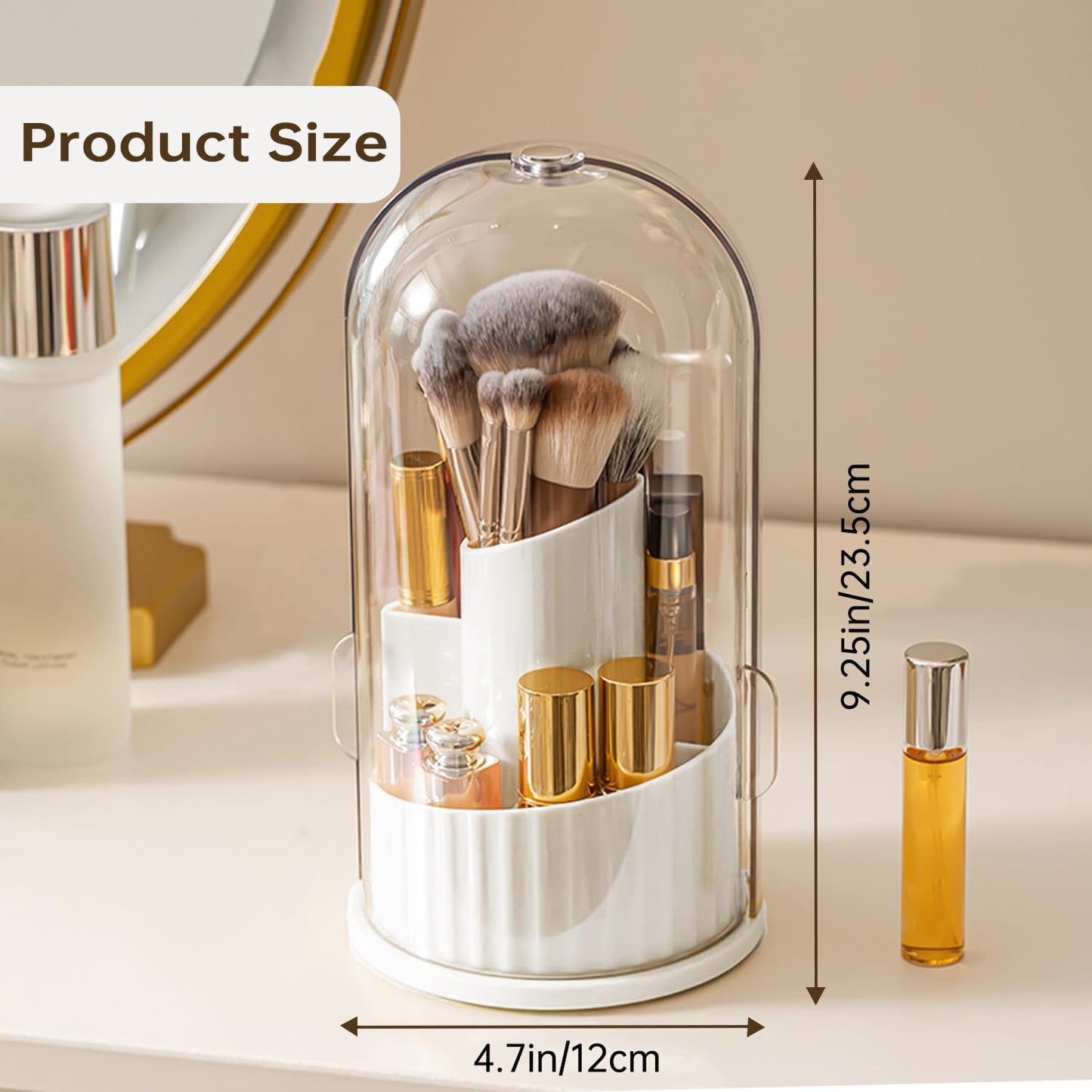 JHFart Makeup Brush Holder Organizer with Lid, 360 Rotating Dustproof Transparent Makeup Brushes Organizer for Vanity Dresser Bathroom Countertop(White with Clear Cover)