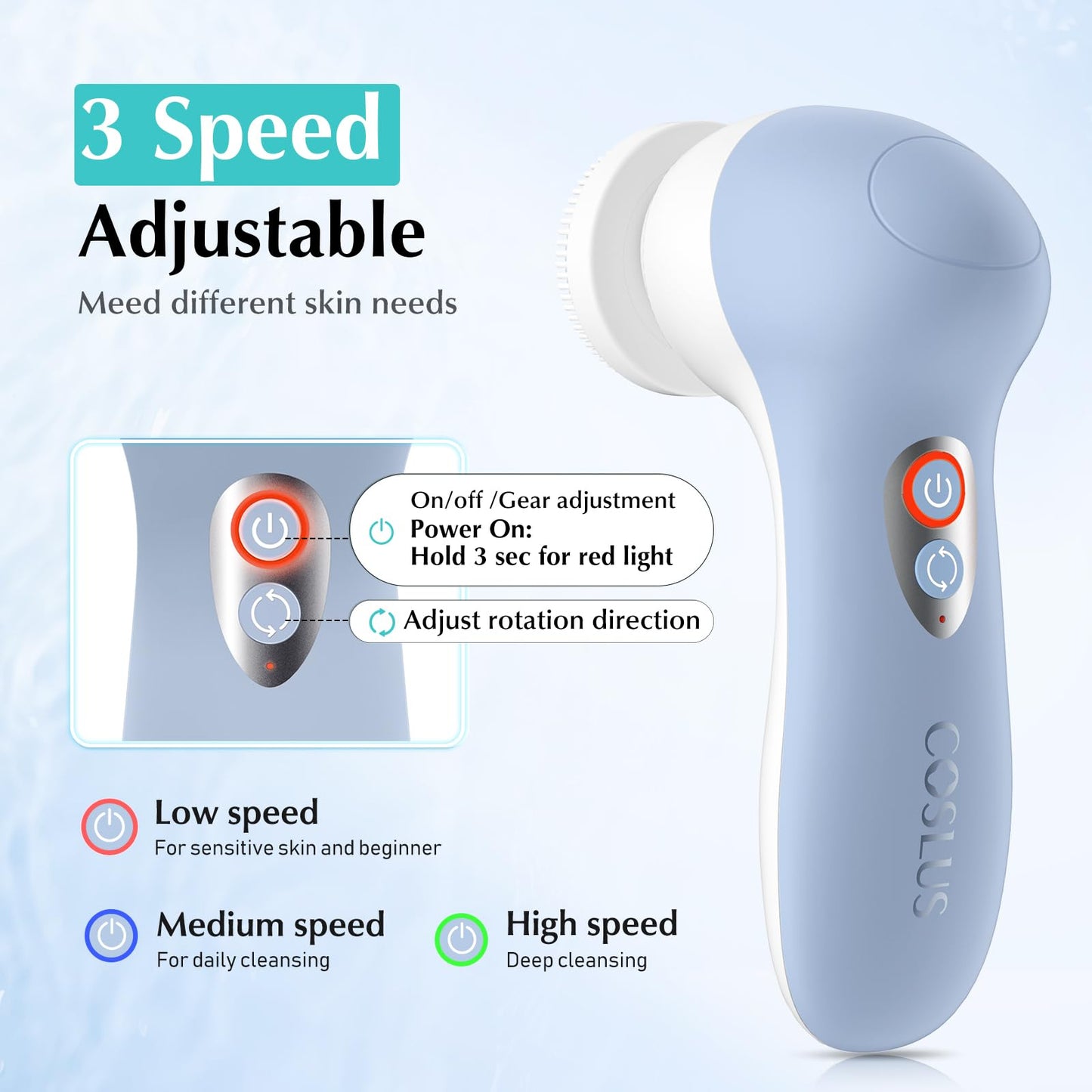 COSLUS FBX04 Powered Facial Cleansing Brush: Rechargeable Electric Face Cleanser for Sensitive & Acne-Prone Skin, 3 Brush Heads, 3 Speeds, 2-Direction Rotation, for Men Women IPX7, Deep Cleaning Blue