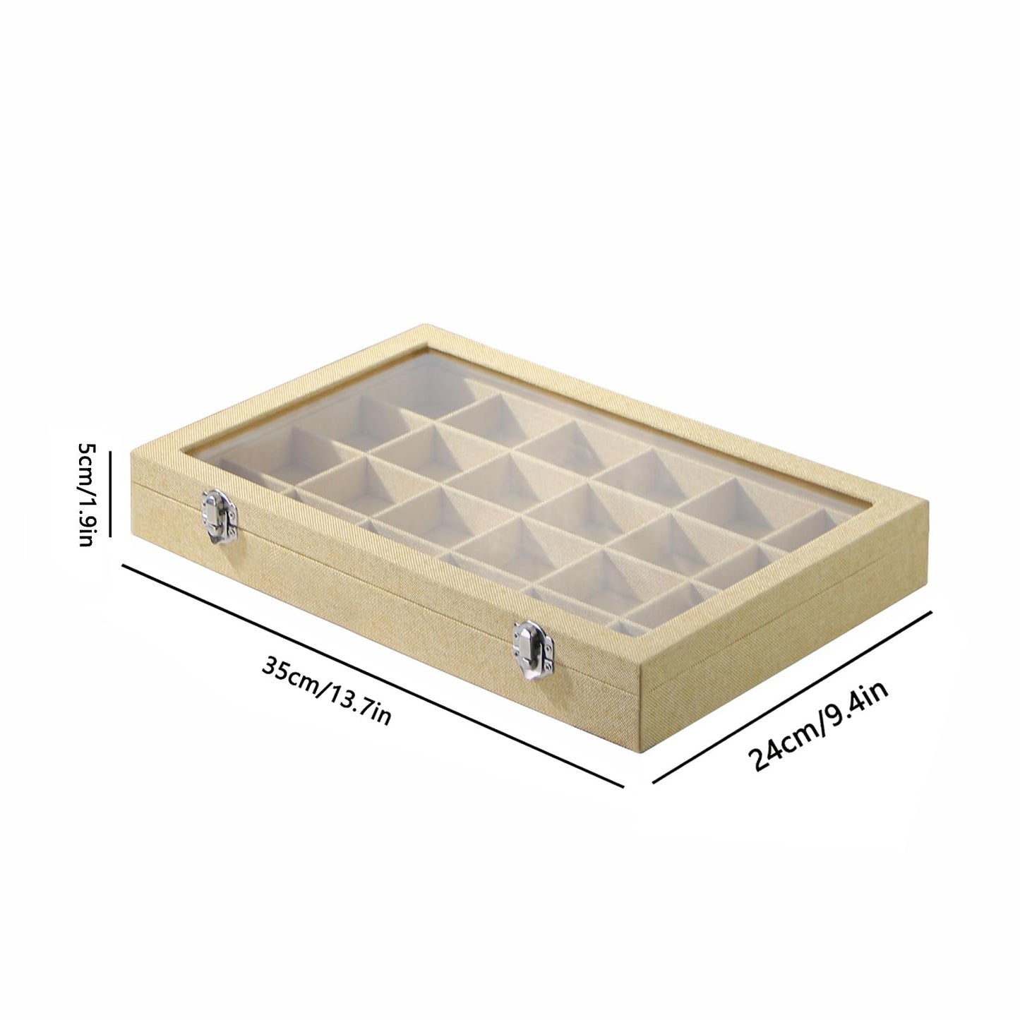 Coward Jewelry Organizer Box, Yellow Linen 24 Grids Ring Earring Jewelry Display Tray Case with Transparent Glass Lid for Home Drawer or Shop Selling