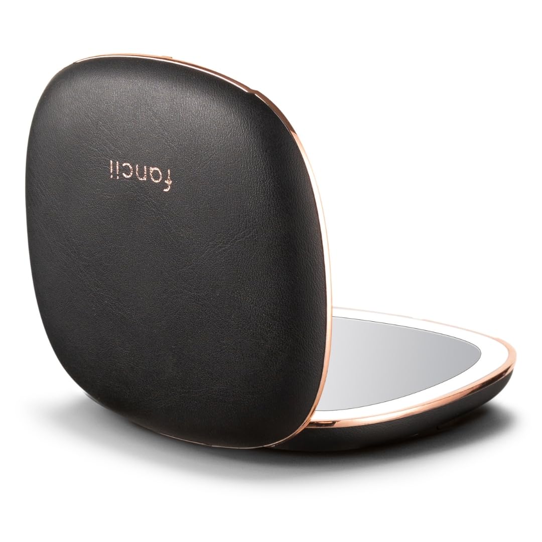 Fancii Mila 2 Compact Magnifying Makeup Mirror with LED Light, Rechargeable, 10x /1x Magnification, Tru-Glow Lighting System, Vegan Leather, Small Travel Mirror for Purses (Midnight Majesty)