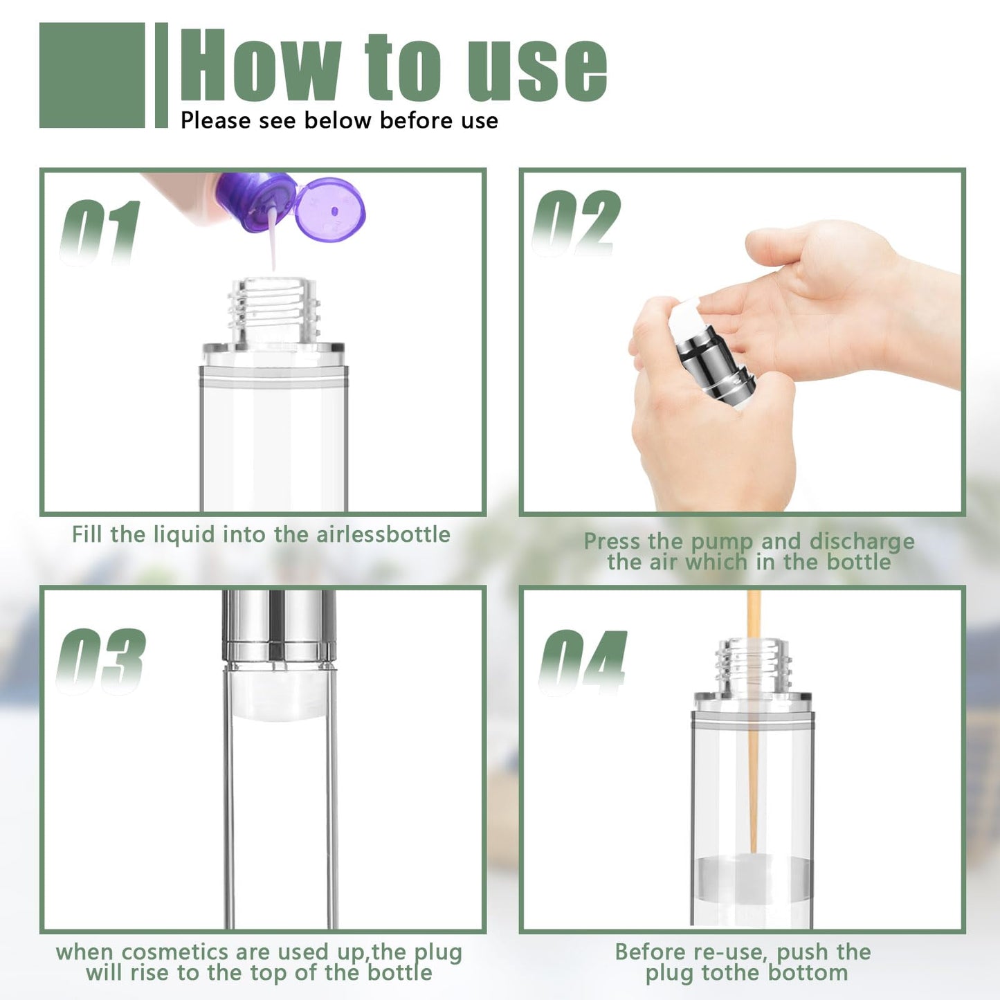 6Pcs 1.7oz/50ml Refillable Airless Pump Bottle, Makeup Pump Dispenser with Labels, Plastic Cosmetic Containers for Storage Travel (Silver)