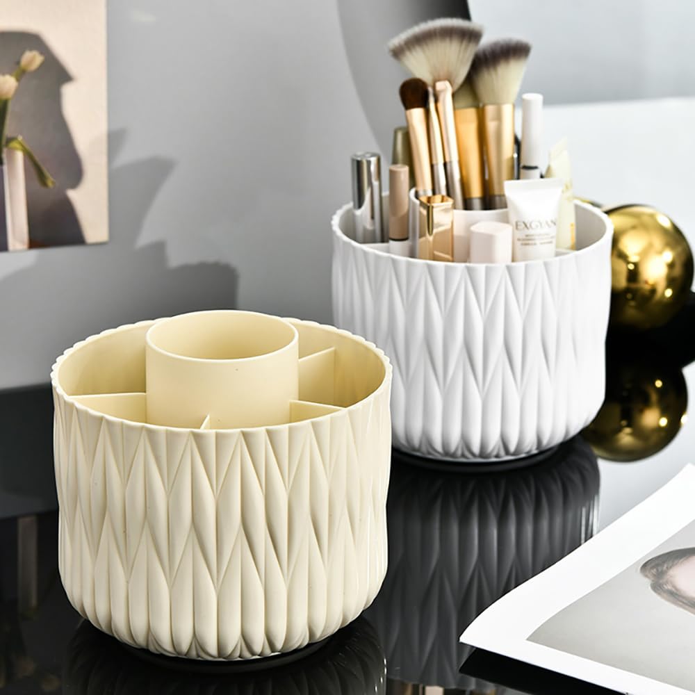 Yoohailor Rotating Makeup Brush Holder - Beige 5 Slot 360° Spinning Organizer for Vanity Desk, Cute Aesthetic Storage for Women, Multi-purpose Pen Pencil Caddy for Office Home Art Supplies