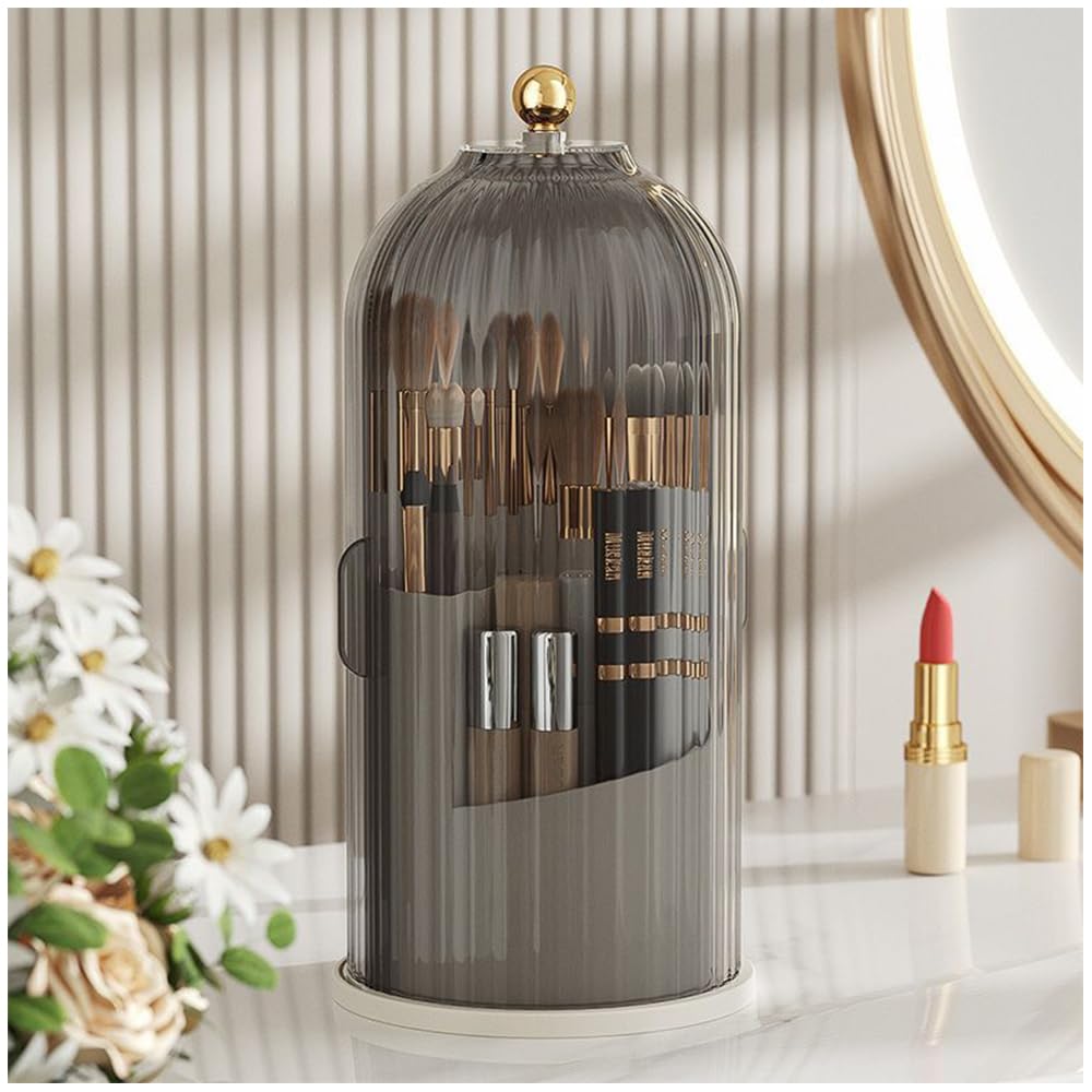 Haiansan Makeup Brush Holder Organizer with Lid, 360° Rotating Clear Dustproof Cosmetics Storage, Makeup Brushes Cup Pen Holder for Vanity Desktop Bathroom Countertop (Clear Black Cap)