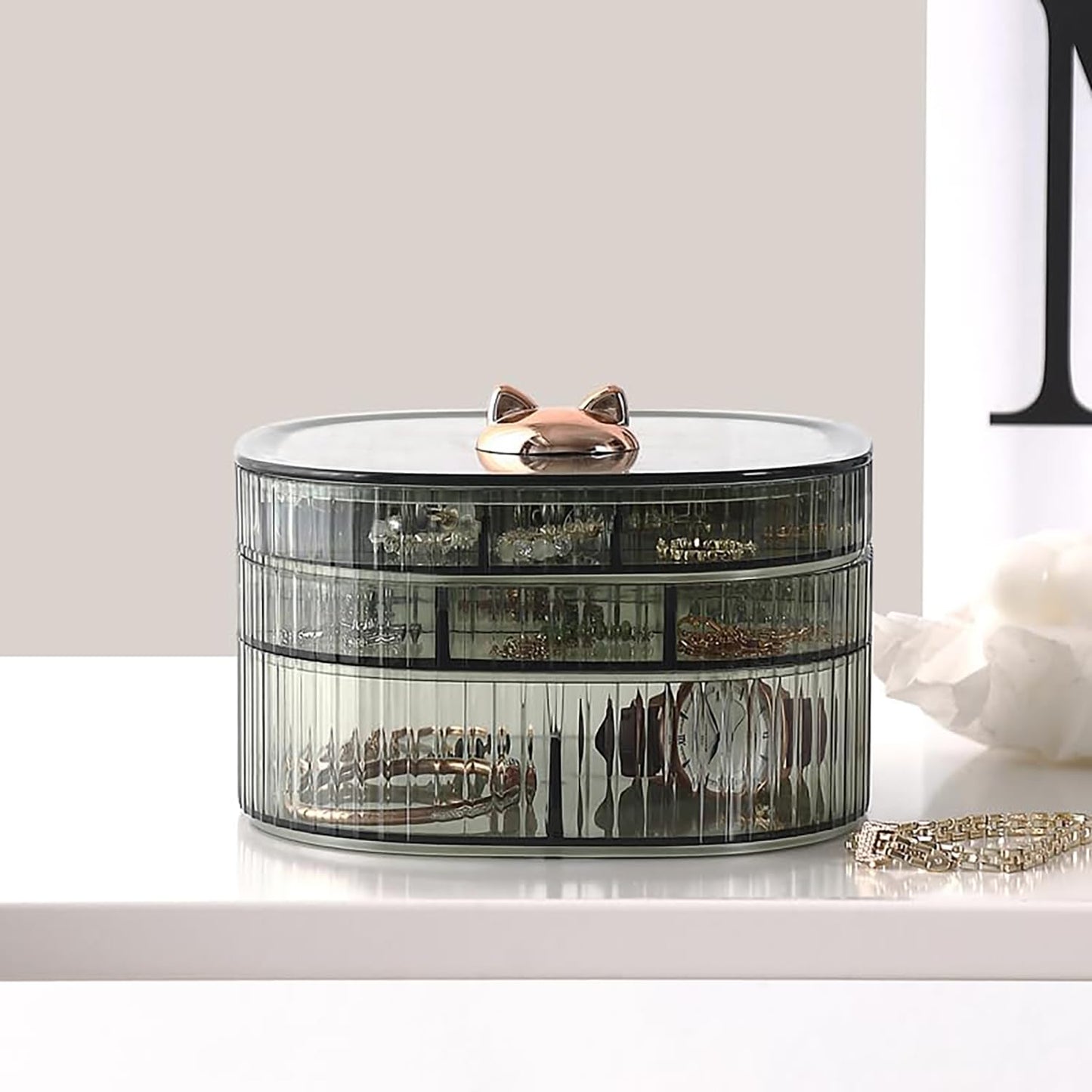 HALAFE Jewelry Box, 3-Layer Acrylic Jewelry Organizer with Cat Shape Handle, Clear Jewelry Boxes for Women Girls, Make up Organizer, Jewelry Storage Holder (Green, Cat)
