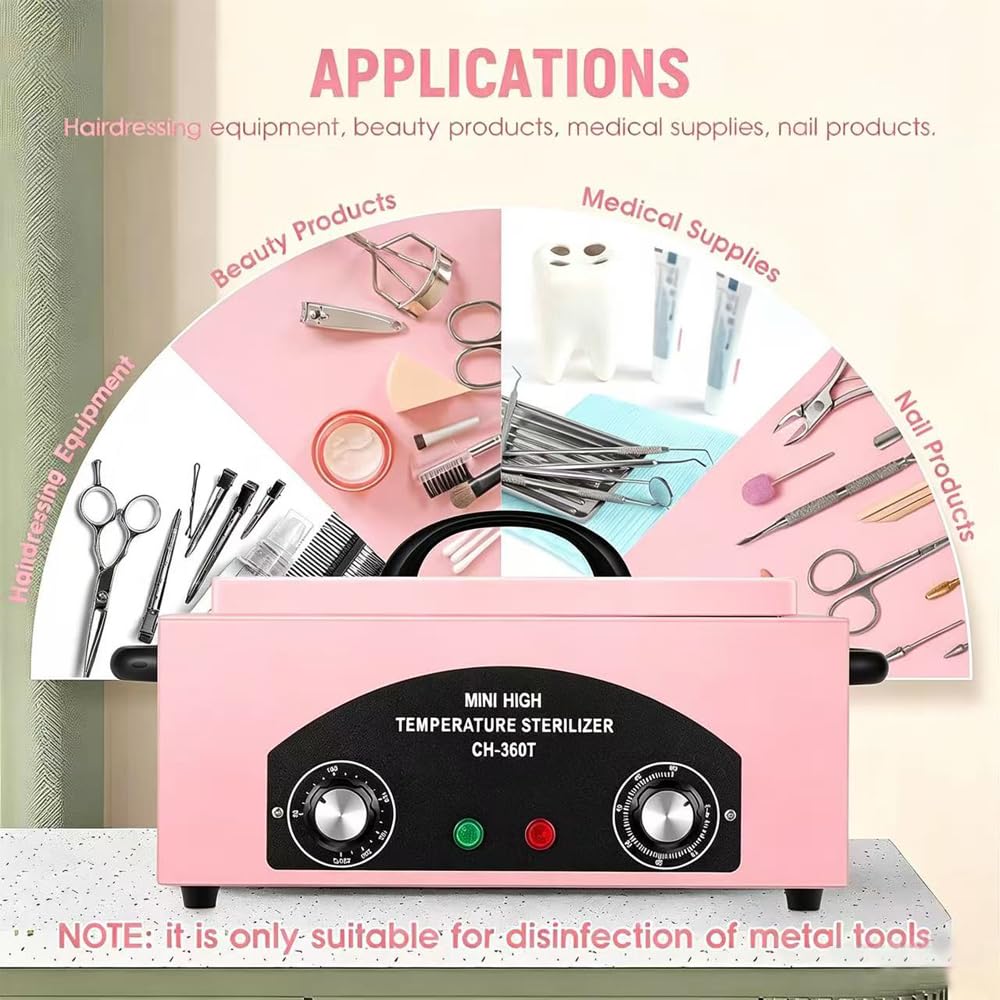 High Temperature Metal Cleaning Box,Misforu 1.5L Dry Heat Cabinet High Temp with Stainless Tray Timer and Handle for Nail Art Tool Salon Hairdressing Tool Earrings 300W (Pink)