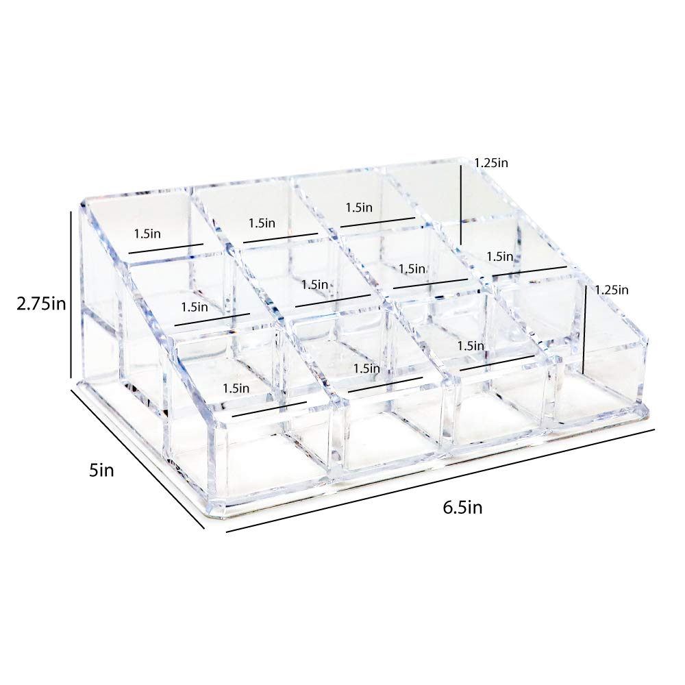 Isaac Jacobs Clear Acrylic 12 Compartment Nail Polish Holder, Organizer for Makeup, Essential Oils, Storage Solution, Rack Display (3 Rows (x4))