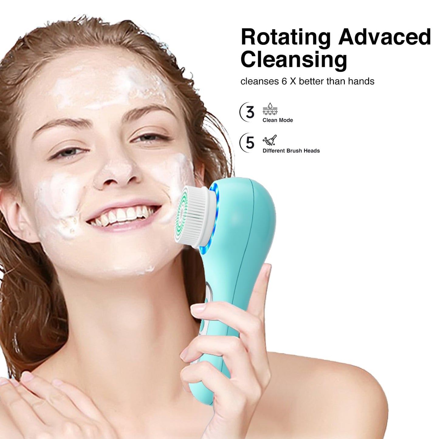 UMICKOO Electric Facial Cleansing Brush, 2-Way Rotating Face Scrubber for Daily & Deep Cleaning, 3 Modes, 5 Brush Heads, Rechargeable, IPX7 Waterproof for All Skin Types