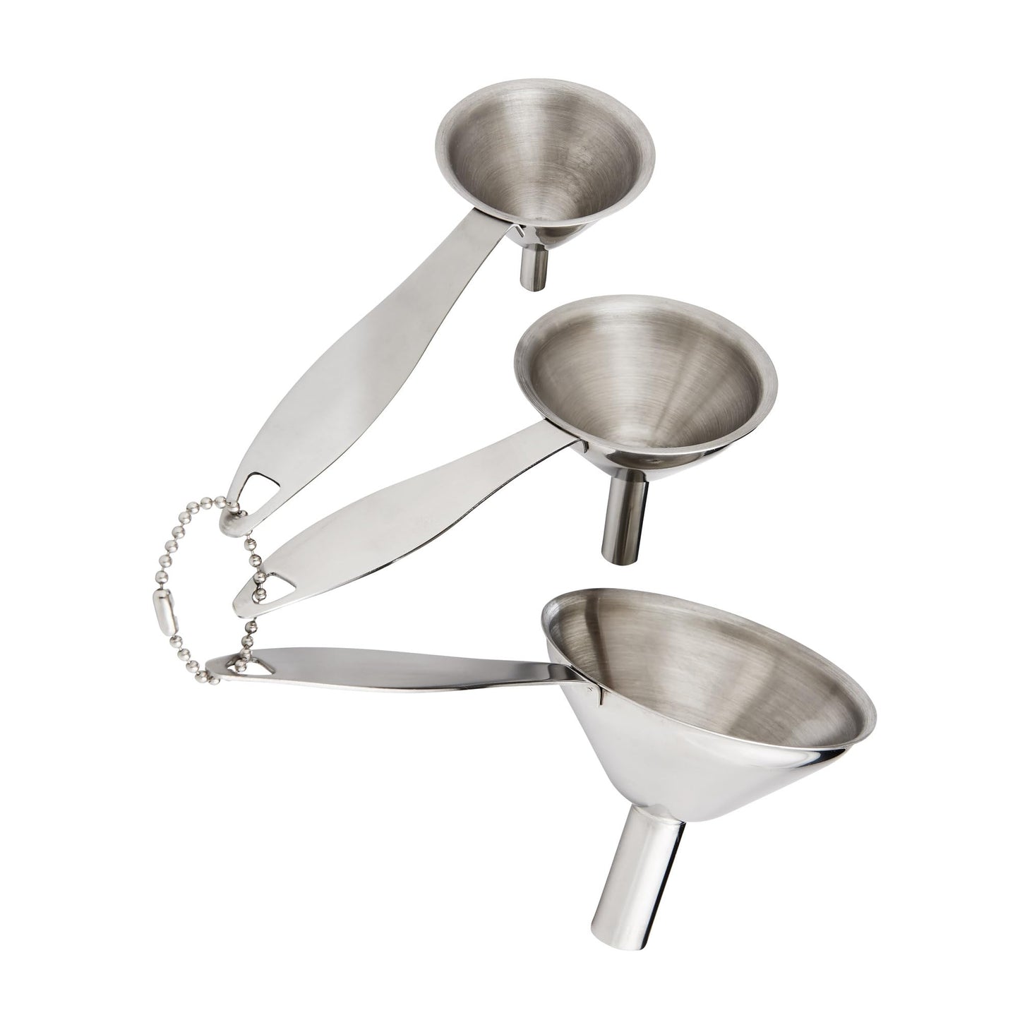 HIC Kitchen Condiment Funnels with Handles, Stainless Steel, Set of 3, 0.5-Ounces, 0.75-Ounces, and 2-Ounce Capacities