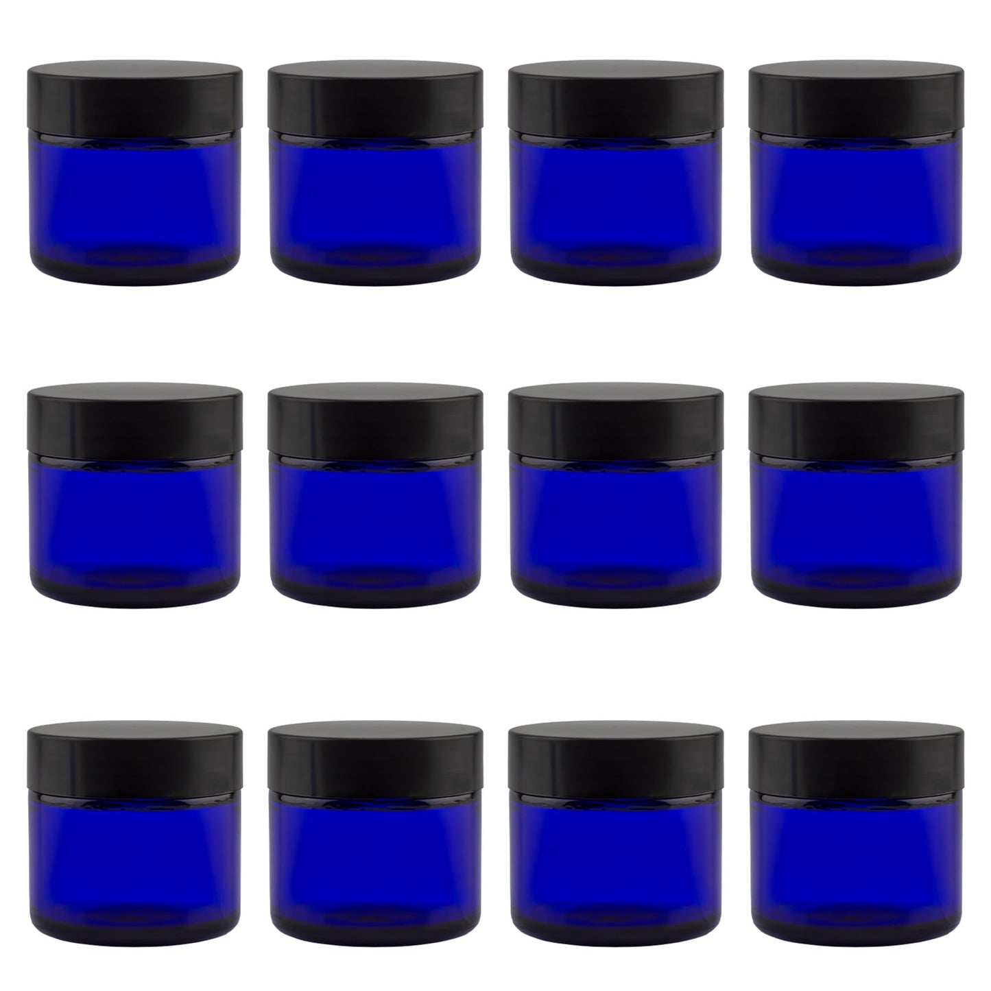 Cornucopia Brands 2oz Cobalt Blue Glass Cosmetic Jars (Pack of 12) Straight Sided Jars w/Black Plastic Lined Lids for Balms, Cosmetics, Creams & More