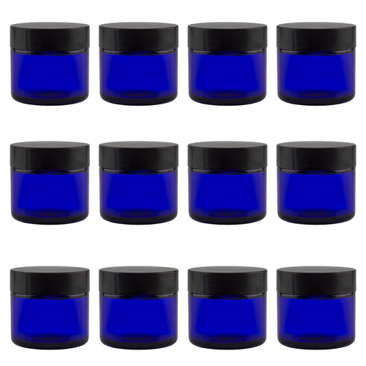 Cornucopia Brands 2oz Cobalt Blue Glass Cosmetic Jars (Pack of 12) Straight Sided Jars w/Black Plastic Lined Lids for Balms, Cosmetics, Creams & More