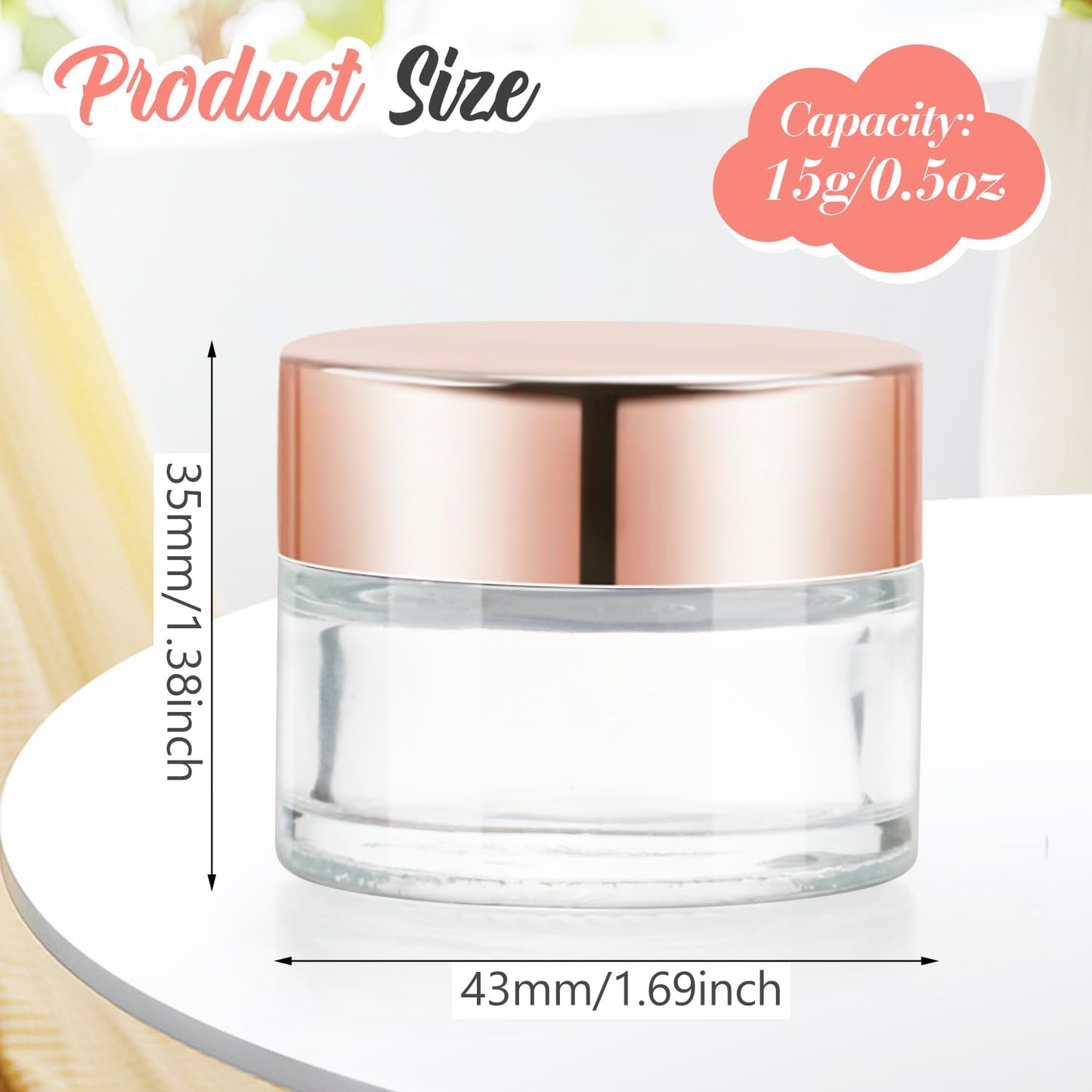 12 Pcs 15g/0.5oz Glass Jars Mini Round Canning Jar Clear Empty Cosmetic Container with Rose Gold Lid for Lip Scrub Cream Lotion Ointments Powder Beads