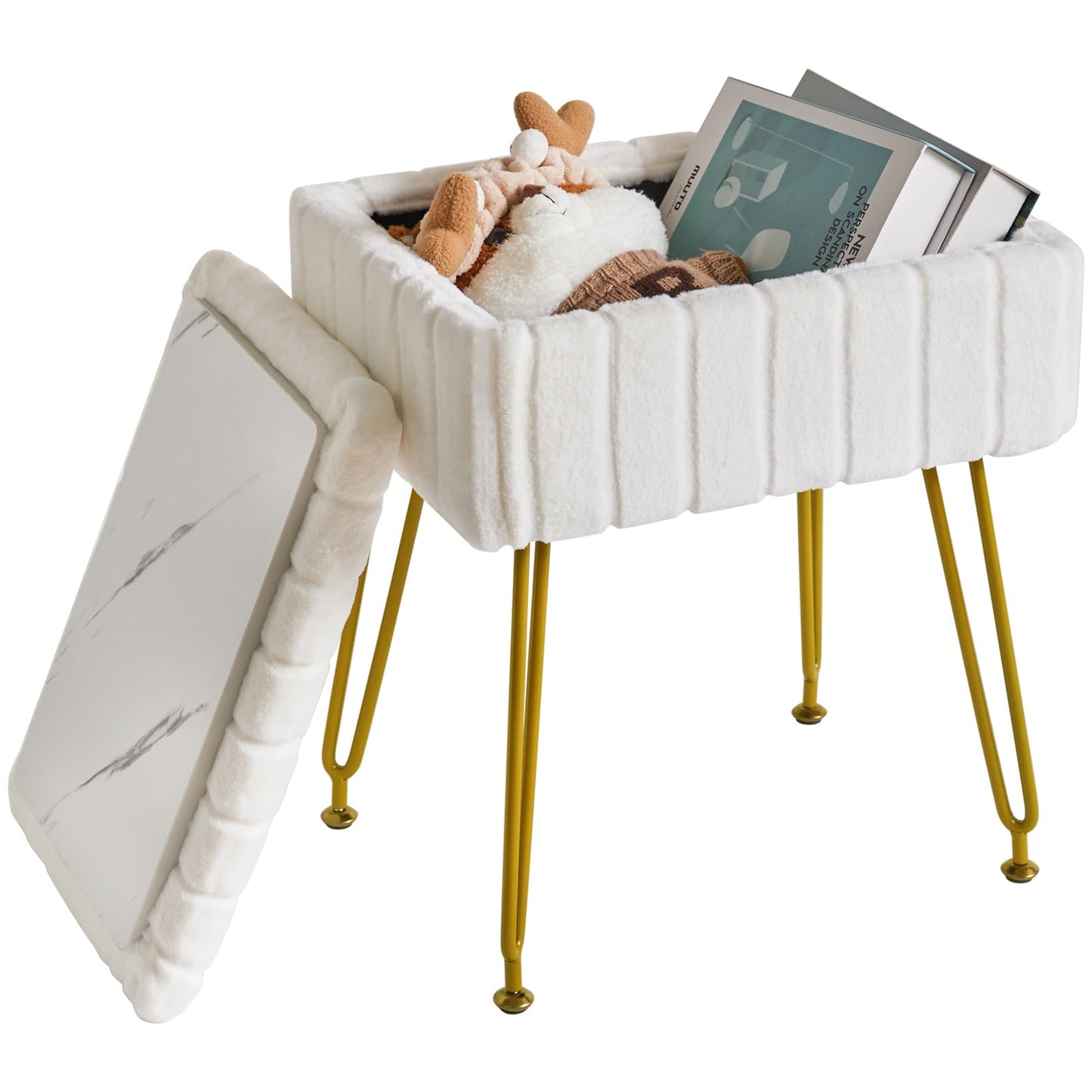 IBUYKE Vanity Chair with Storage Space, Footrest Ottoman, Small Side Table, Vanity Stool for Makeup Room, Bedroom, with Anti-Slip Feet, Faux Fur, White LG-50W