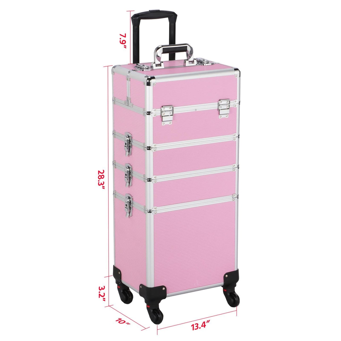 Topeakmart 4 in 1 Professional Makeup Rolling Case, Large Aluminum Cosmetic Train Case, Makeup Tavel Case Travel Beauty Organizer - Pink - with Removeable Wheels