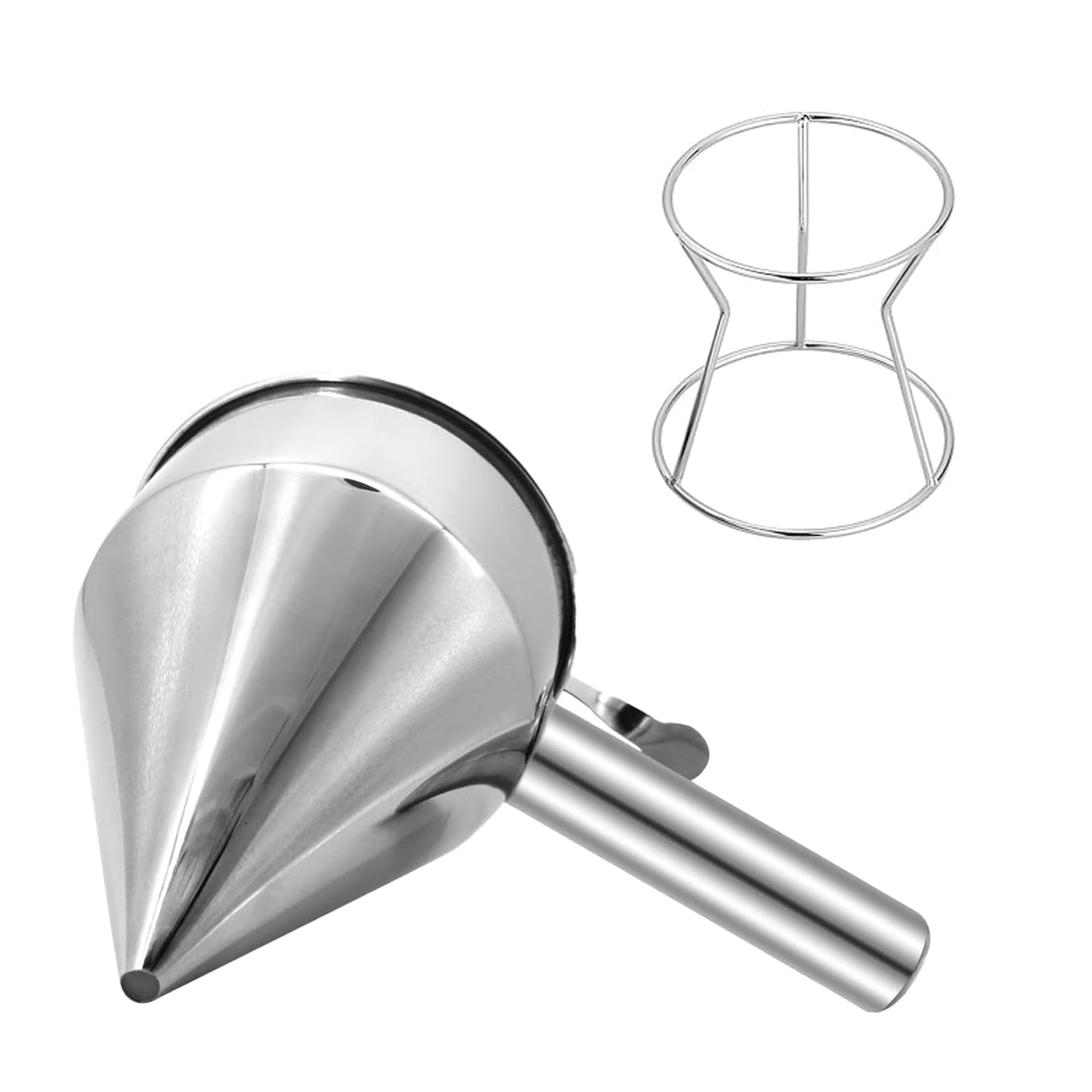 KOLIBROX Piston Funnel with Stand - Stainless Steel Confectionery Funnel for Batter Dispensing & Bakery Use - Precise Cake Decorating Tool - Perfect for Pouring Sauces, Chocolate & Fillings | Silver