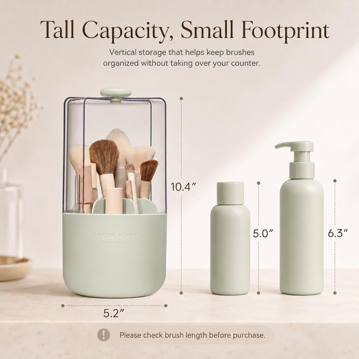 EACHY Makeup Brush Holder with Lid, 360° Rotating Vanity Organizer for Brushes, Dustproof Cosmetic Display Case, 7 Compartments, Waterproof Plastic (Green)