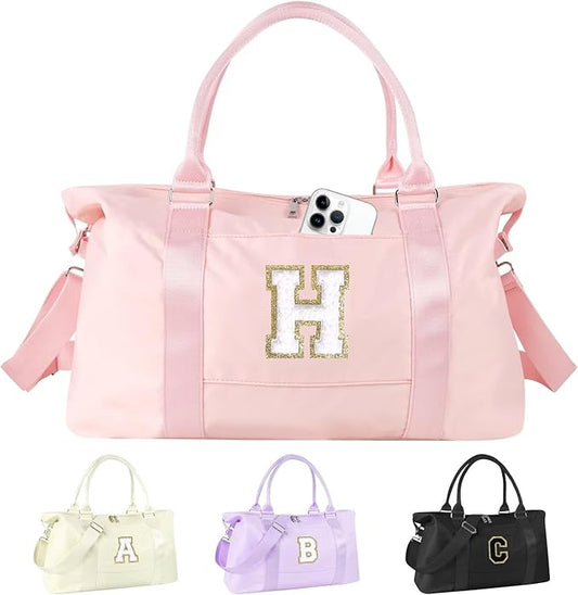 Dance Gym Duffel Bag for Teen Girls, Personalized Initial Travel Weekender Bag,Cute Overnight Carry On Duffle for Women,Sports Travel Cheer Bag,Monogram Christmas Gifts for Tween Preppy(pink-H)