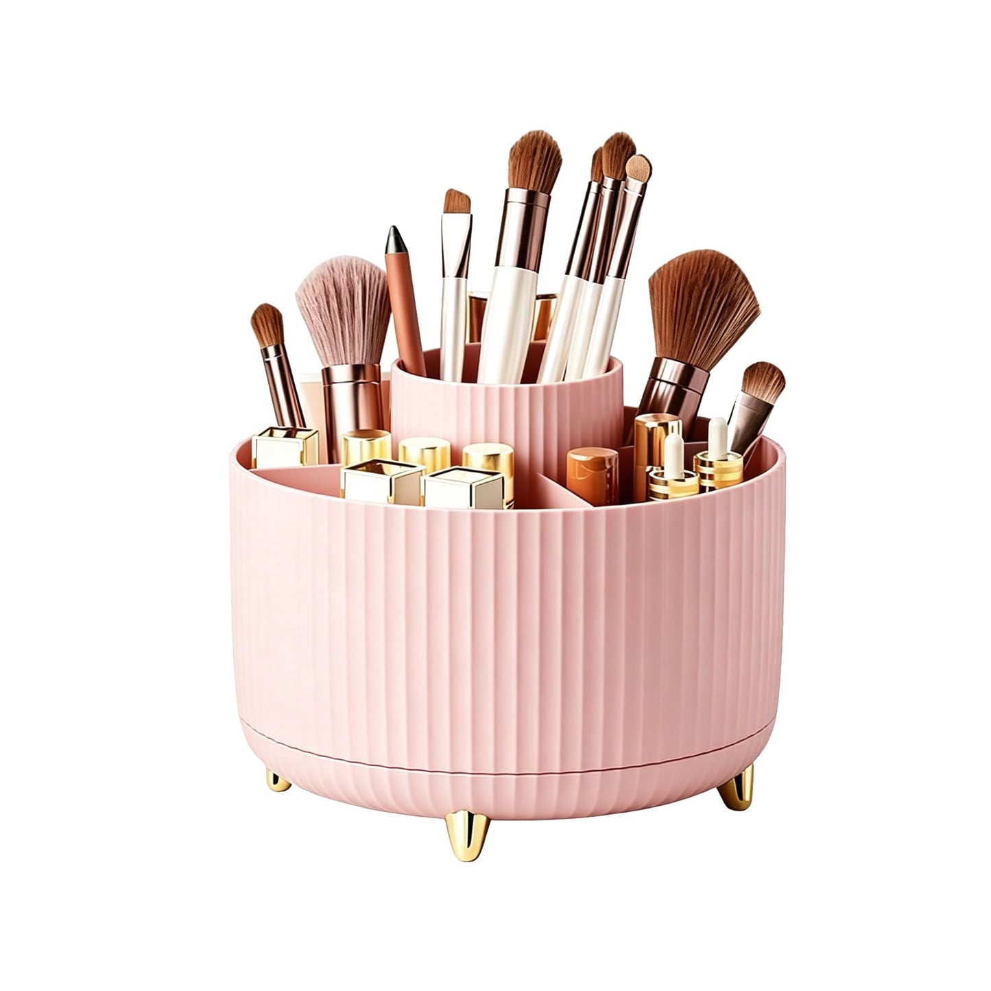 HJUHBDJ 360°Rotating Makeup Brush Holder Organizer, Pink Countertop Cosmetic Display Case, Spinning Skincare Storage Carousel for Vanity, Desktop & Bathroom