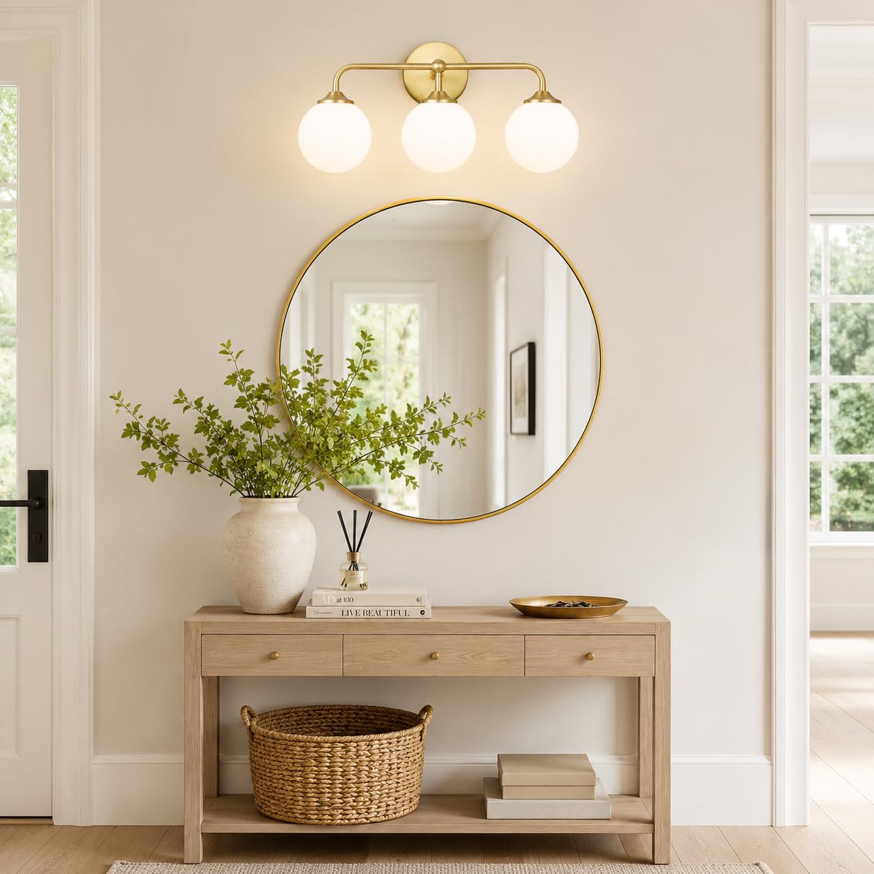 Modern Brushed Gold 3-Lights Vanity Light Fixtures with Milky White Glass Ball Shades, Mid Century Brass Wall Sconce Lighting Fixtures over Mirror, Wall Sconces for Bathroom Dressing Table Bedroom