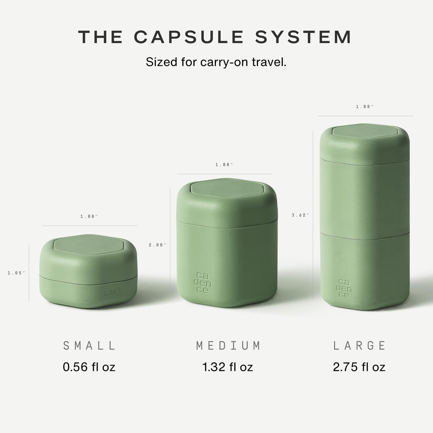 Cadence Travel Containers - Daily Routine Capsule Set - Magnetic Containers with Lids,4 Flex Mediums (1.32oz) & 3 Flex Smalls (0.56oz) - Shampoo, Conditioner, Body Wash, Pills, & More - Eucalyptus