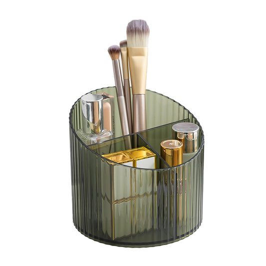 DASITON 3 Slots Makeup Brush Holder, Acrylic Makeup Brush Cup, Vintage Striped Make Up Brush Holder for Vanity Decor, Bathroom Countertops, Desk Storage Container, Cosmetic Display Cases (Green)