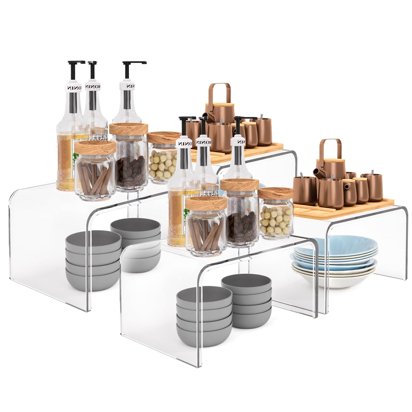 Set of 4 Clear Cabinet Organizer Riser Stand, Shelf Organizer for Kitchen Storage, Display Pantry Shelf Room Decor Countertop Desk Shelves, Retail Display Stand (4)