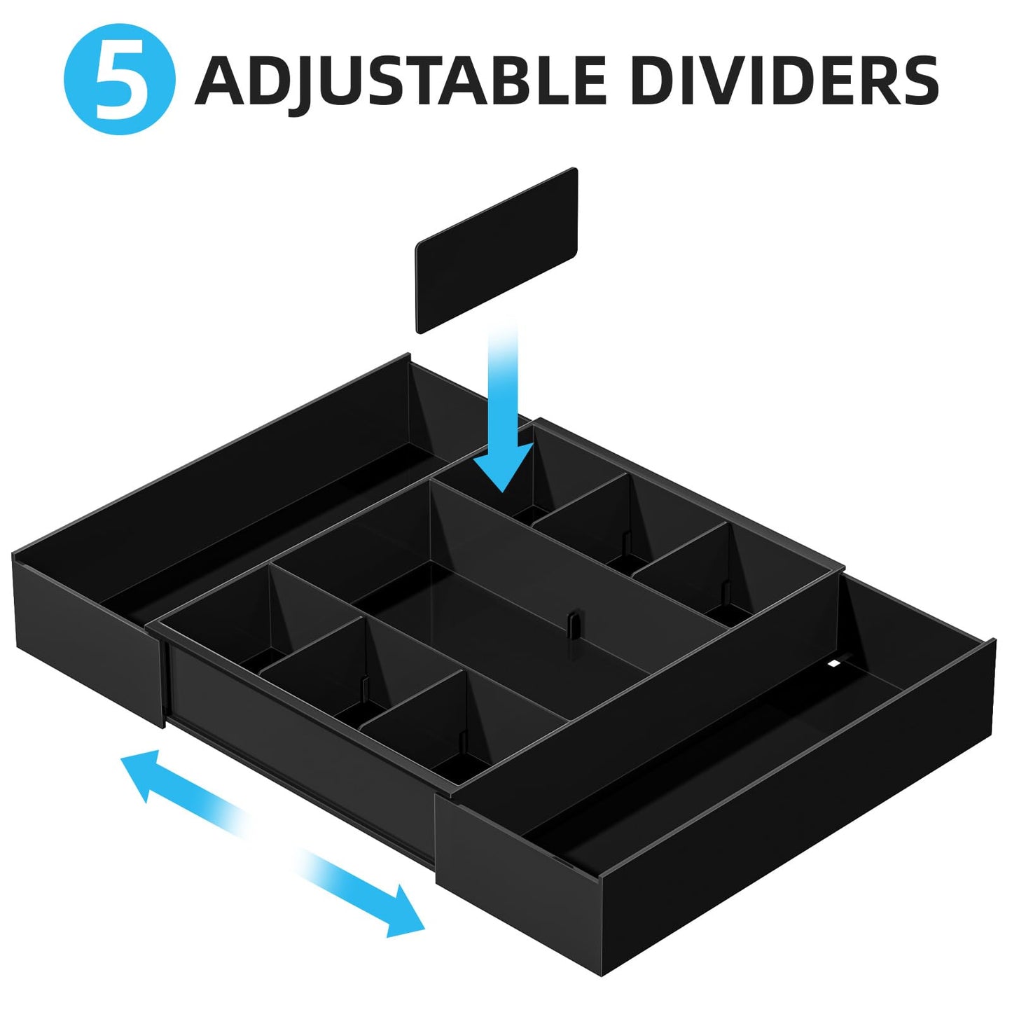 Marbrasse Expandable Desk Drawer Organizer, Clear Plastic Drawer Organizer Tray with 10 Adjustable Compartments, Desk Organizers and Accessories, 5 Drawer Dividers for Office Supplies, Makeup(Black)