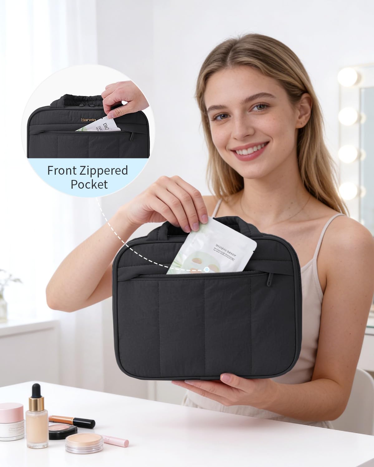 Narwey Hanging Travel Toiletry Bag for Women, Quilted Makeup Bag Organizer with Handle, Travel Bathroom Bag, Portable Toiletries Bag for Essentials, Accessories, Brushes, Cosmetics (Black)