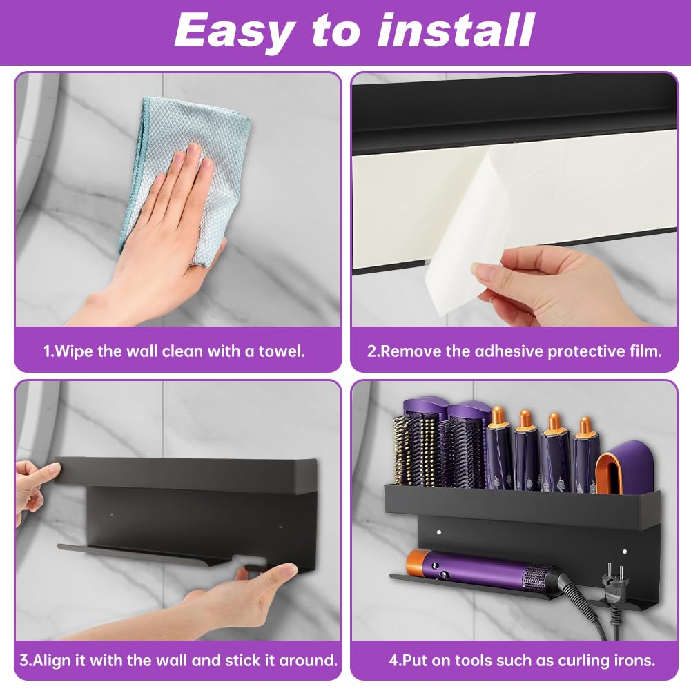 Hair Dryer Holder Wall Mount, Adhesive Curling Iron Holder Organizer, Bathroom Hair Straightener Stand for Curling Iron Accessories Styler Attachments Organizer, Black