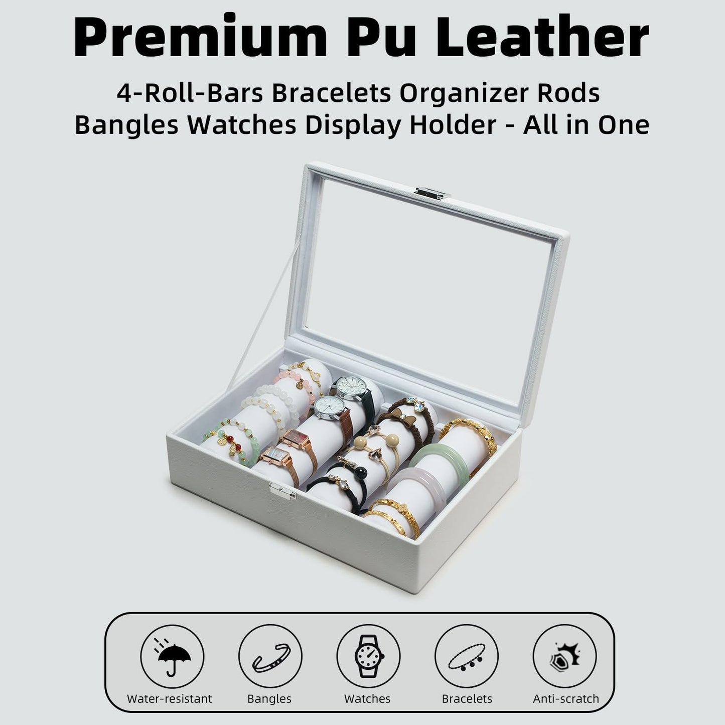 XHMQYC Bracelets Organizer Rods Bangles Display Holder, Clear See through Lid Leather Velvet Jewelry Storage Box Case for Women, 4 Rods White Leather