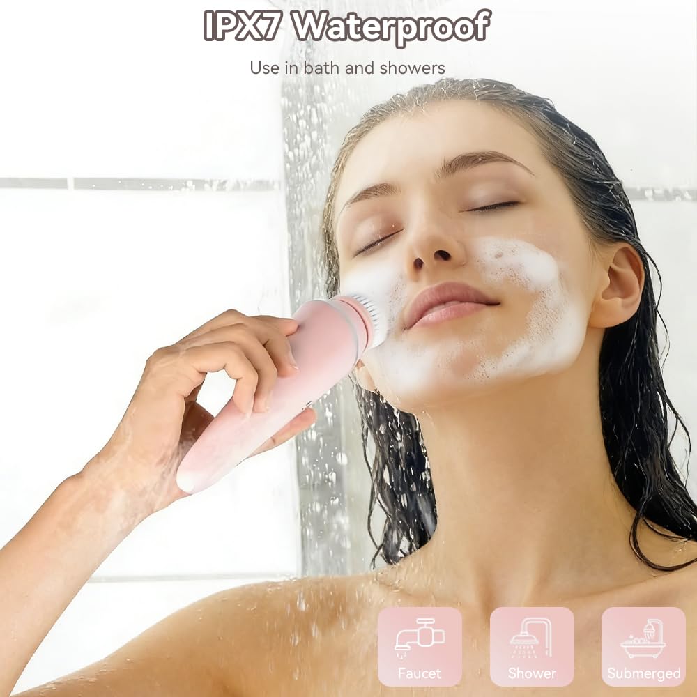Electric Facial Cleansing Brush, 2-Way Rotating Face Scrubber with 3 Modes, 4 Interchangeable Brush Heads, Rechargeable, IPX7 Waterproof for All Skin Types (Daily & Deep Cleaning)