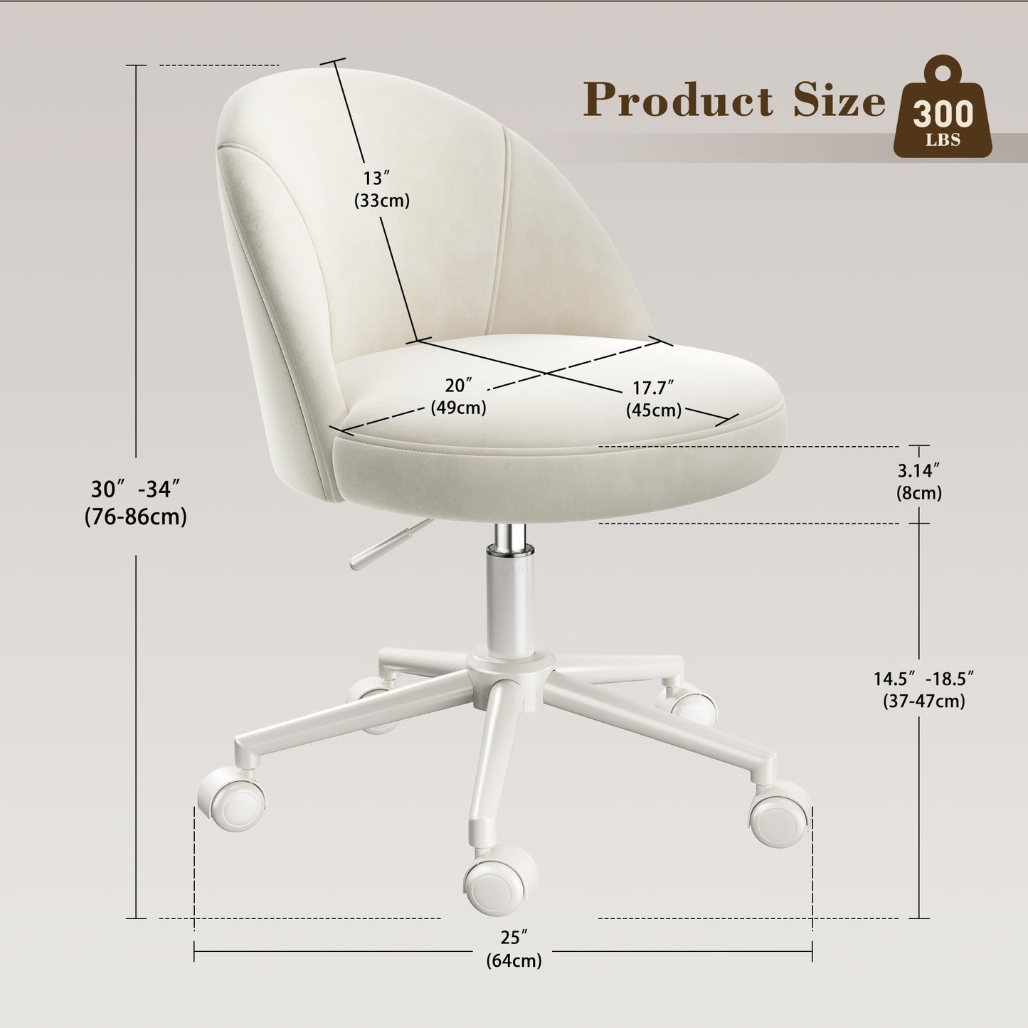 EnHomee Velvet Vanity Chair with Wheels – Armless Swivel Desk Chair, Height Adjustable, Curved Lumbar Back Support, Rolling Task Chair for Makeup Vanity, Home Office & Young Teen Bedroom, Cream White