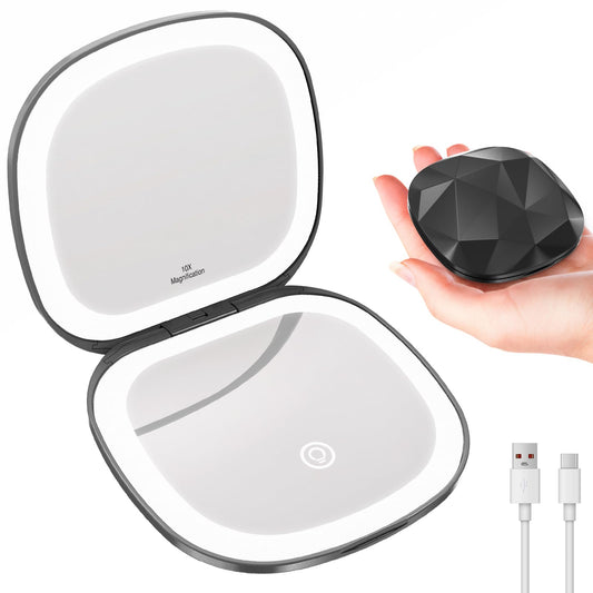 Poryled Travel Makeup Mirror with Light, 10X/1X Magnifying Compact Mirror for Purse, Portable Double Sided Folding Pocket Size, Dimmable LED & USB Rechargeable(Black)