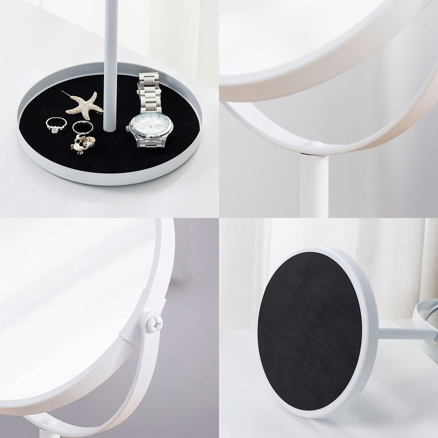 Ettori Makeup Mirror Dual Sided Vanity Mirror, 1X and 5X Magnification, 360 Swivel Round Mirror, Tabletop Mounting, No Light, White