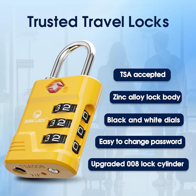 SURE LOCK TSA Locks for Luggage, TSA Approved Luggage Locks with Open Alert, 008 Key for High Security, Easy Read Dials, Zinc Alloy Body, Locker Lock for Suitcase, Gym, Travel(Yellow 2 pk)