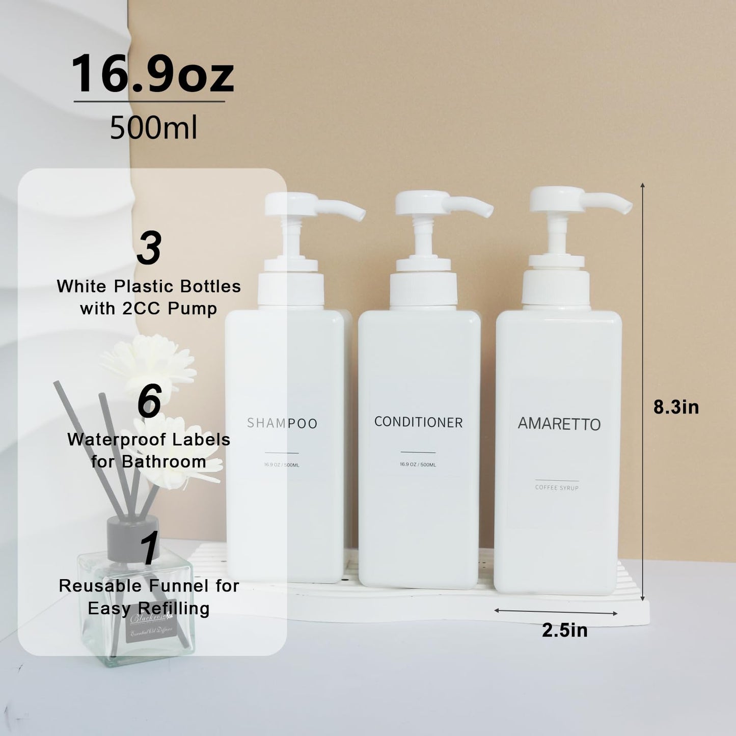 Shampoo and Conditioner Dispenser, Refillable Plastic Shampoo Pump Bottles with Waterproof Labels, Empty Body Wash Dispenser Set for Bathroom, Shower Soap Bottles (White, Set of 3, 16.9oz)