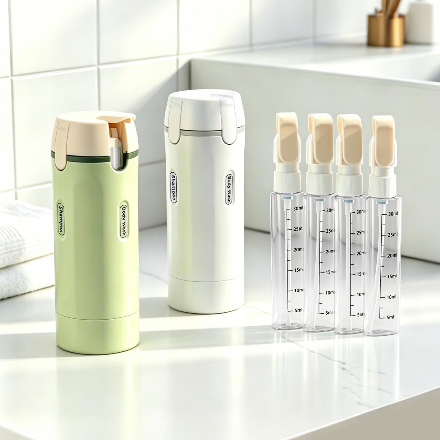 ZXAPJJD 4 in 1 Travel Dispenser Bottle, Leakproof Rotatable Travel Pump Bottles for Toiletries, TSA Approved Hard Shell Liquid Containers (4x30ml/1oz), Essentials for Women & Men (White)