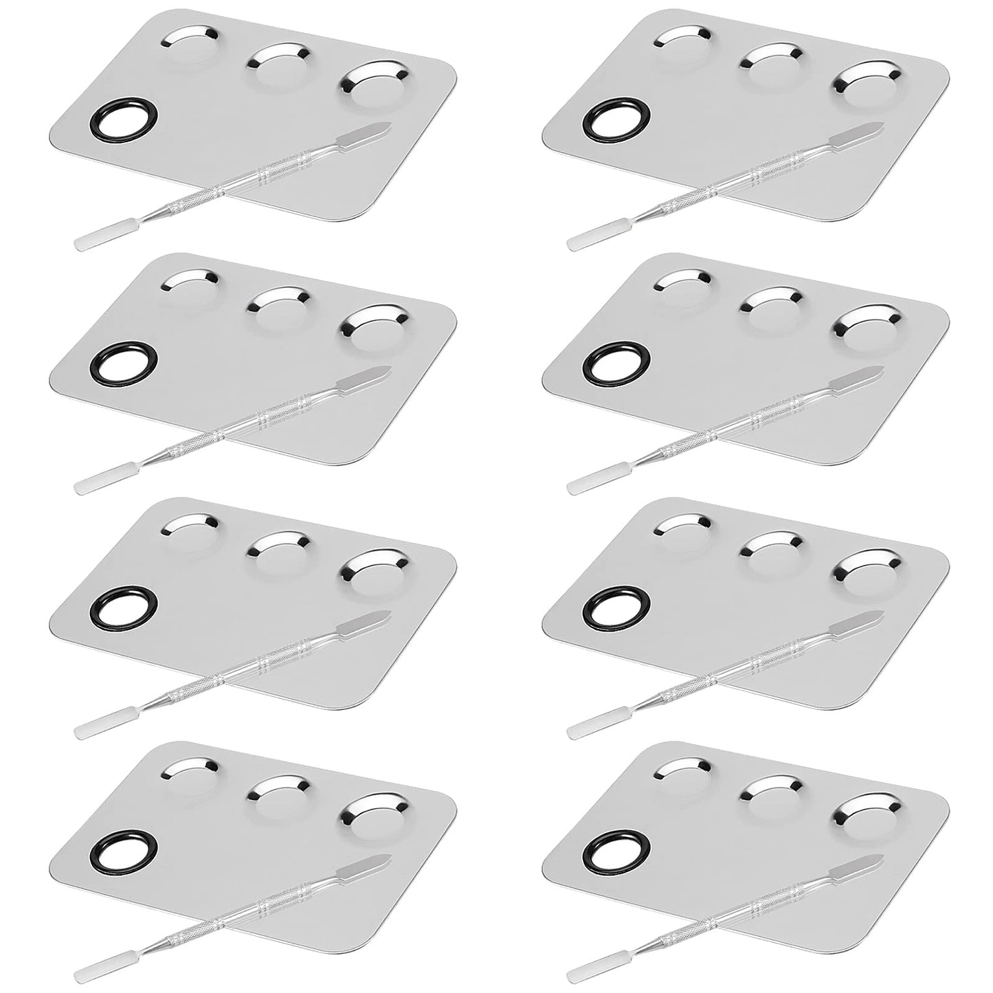 JAPCHET 8 PCS Mixing Makeup Palettes, 3-Well Makeup Palette Mixer Tray, Stainless Steel Cosmetic Palette with 8 PCS Spatula Tool, Multipurpose Makeup Applicators for Nail-Art, Cosmetic, Pigment