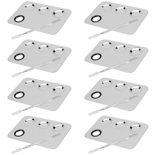 JAPCHET 8 PCS Mixing Makeup Palettes, 3-Well Makeup Palette Mixer Tray, Stainless Steel Cosmetic Palette with 8 PCS Spatula Tool, Multipurpose Makeup Applicators for Nail-Art, Cosmetic, Pigment