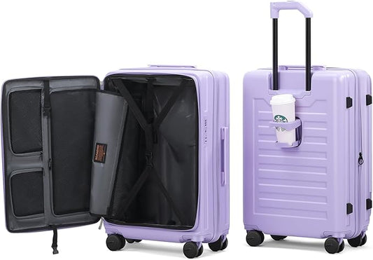 ROAMING 24 Inch Checked Luggage TOP Opening Rolling Suitcase PC hard sided luggage with Spinner Wheels Cup Holder Tsa Lock Specially Designed Ergonomic Pull Rod Handle for Travel Woman Men purple