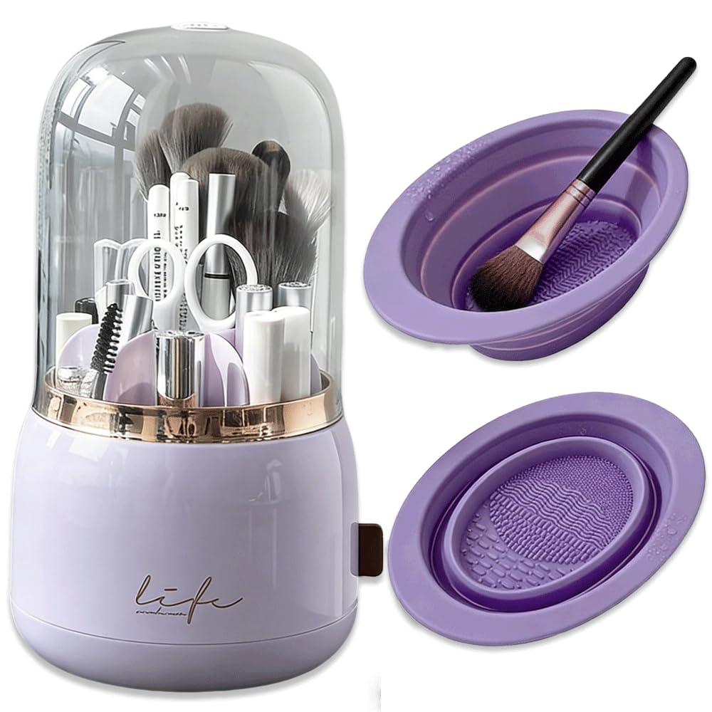 YZEASYPINK 360 Rotating Makeup Brush Holder with Lid Clear Dustproof Make Up Organizers for Vanity Countertop Includes a Foldable Bowl for Cleaning Makeup Brush,Transparent, Dustproof-Purple
