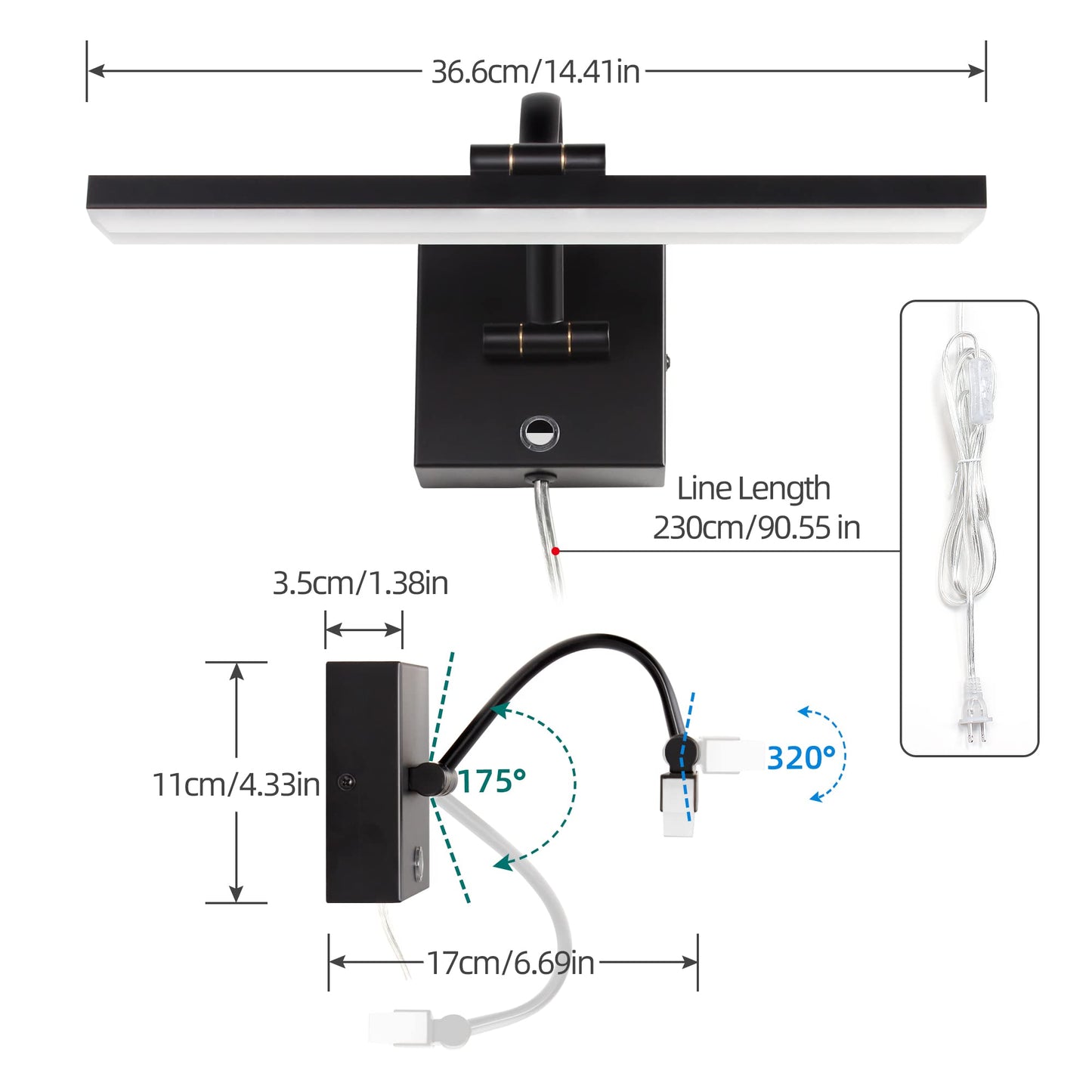 MantoLite 15inch LED Dimmable Bathroom Vanity Wall Light Fixture, 6000K 8W Cabinet Picture Lights, Black Make-up Mirror Front Light Ajustable Arm Bedside Reading Lamp, Pulg in Display Wall Sconce