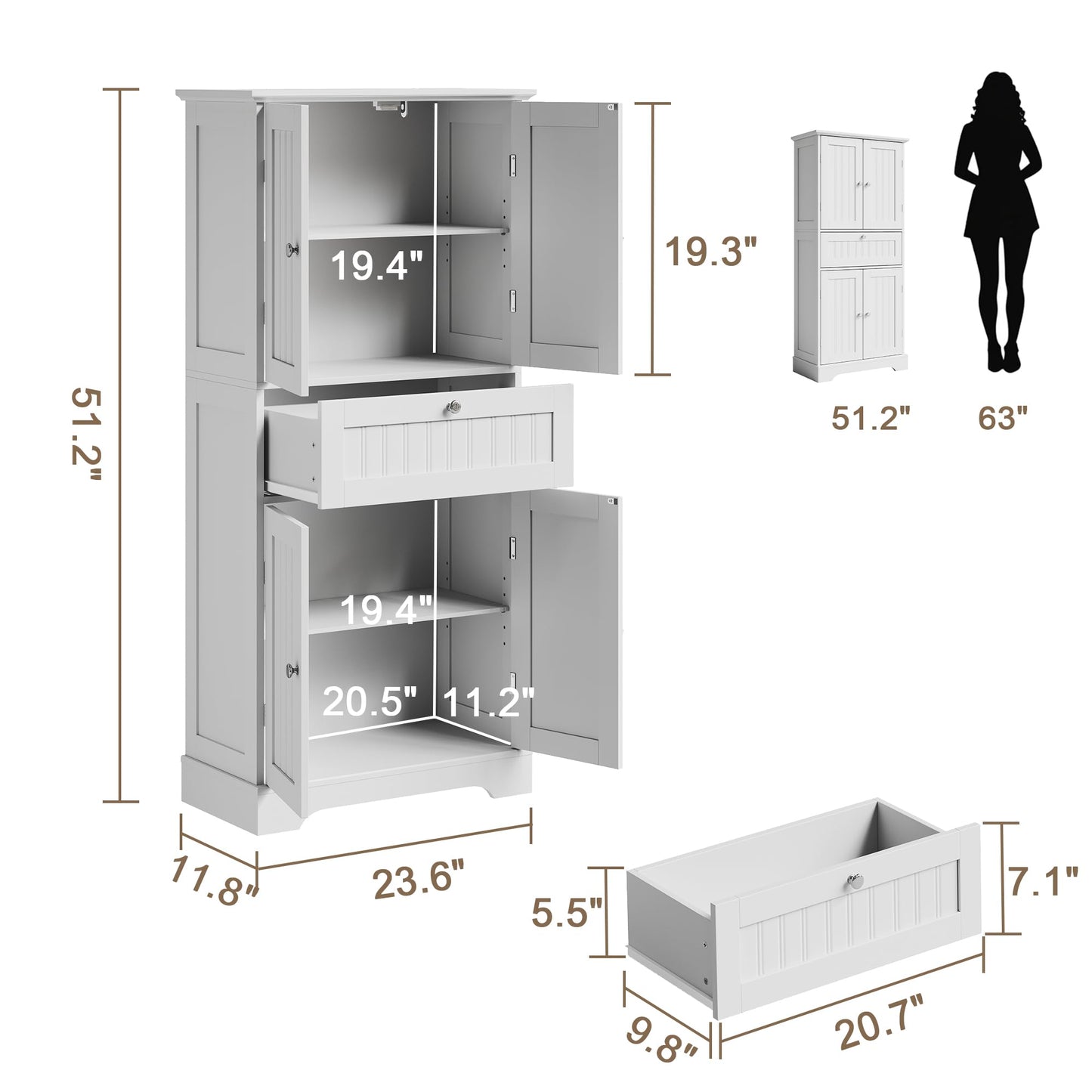 ChooChoo 51" H Tall Bathroom Floor Cabinet, Modern Bathroom Storage Cabinet with Drawer and Adjustable Shelves, Freestanding Kitchen Pantry Cupboard with 4 Doors for Living Room, White