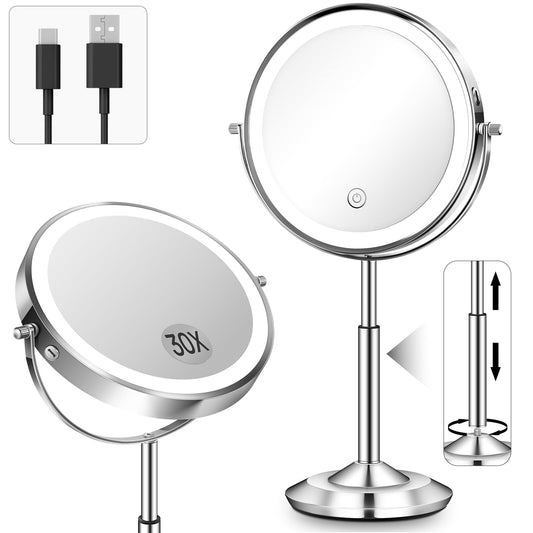 vpu Makeup Mirror with Lights, 1X/30X Lighted Magnifying Mirror Height Adjustable, 3000mAh Rechargeable Double Sided Vanity Mirrors with 3 LED Lighting and Adjustable Brightness for Desk Women Gift