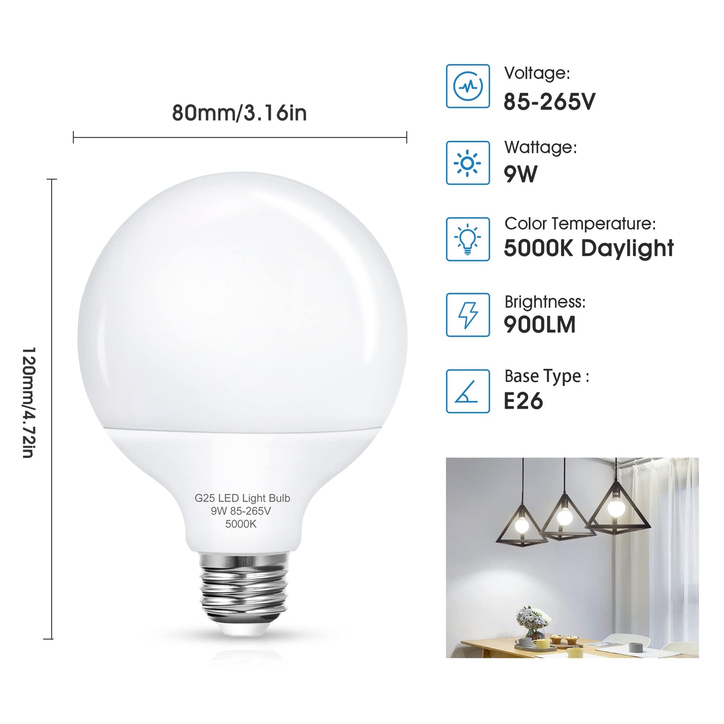 Flaspar G25 LED Vanity Light Bulbs, 100W LED Globe Bulb Equivalent, 9W Vanity Bulbs for Bathroom, 5000K Daylight White 900LM, E26 Base Round Makeup Mirror Bathroom Lights Bulb Décor Lighting, 4 Pack