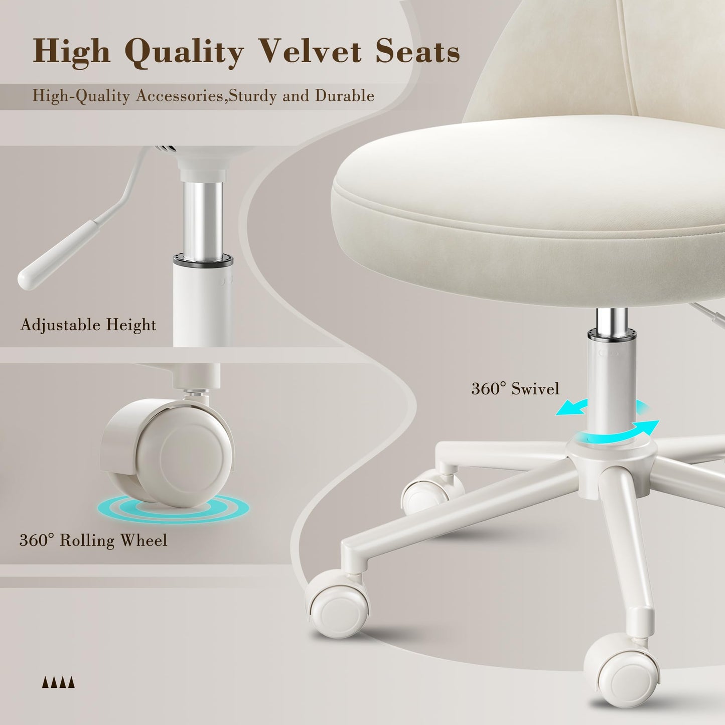 EnHomee Velvet Vanity Chair with Wheels – Armless Swivel Desk Chair, Height Adjustable, Curved Lumbar Back Support, Rolling Task Chair for Makeup Vanity, Home Office & Young Teen Bedroom, Cream White