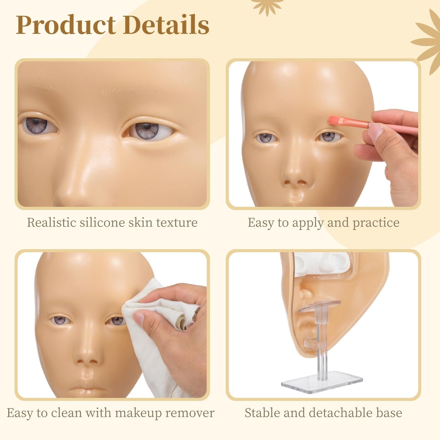 Makeup Practice Face Set, Including Silicone Mannequin Face with Stand, 7-Color Eye Shadow Palette, and 8 Makeup Brushes