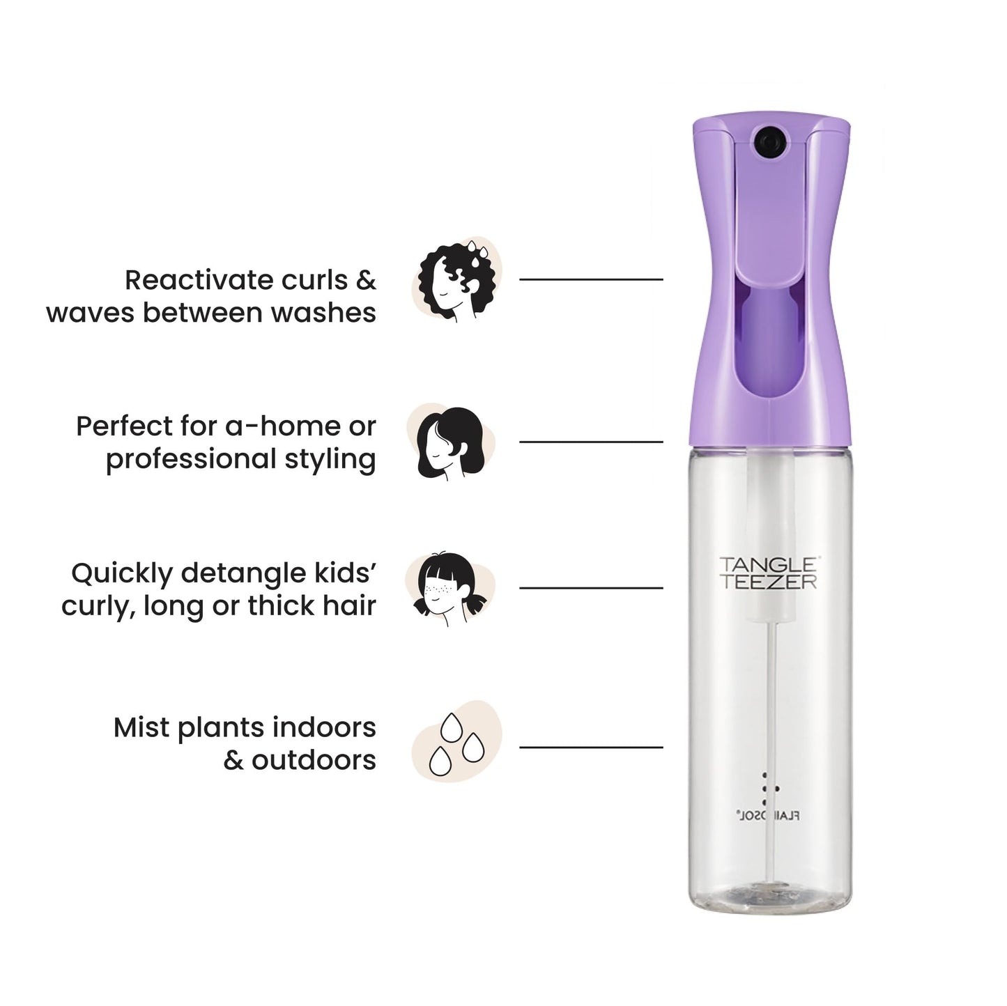 TANGLE TEEZER Fine Mist Continuous Spray Bottle, Reusable and Refillable, for Hair Detangling and Styling, 10.1 oz, Lilac